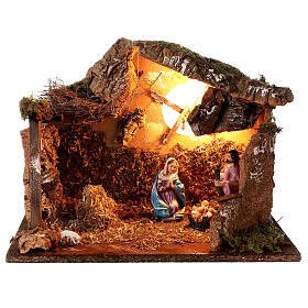 Cabana de cortiça iluminada Natividade de Jesus e cordeiro, para presépio com figuras altura média 10 cm; 25x33x18 cm