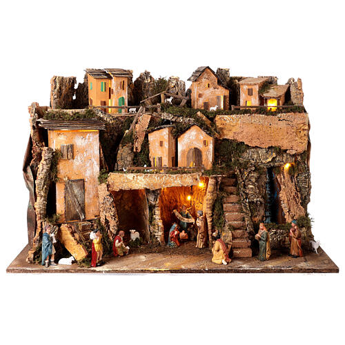 Nativity setting, village with waterfall, lights and Nativity Scene, characters of 10 cm, 50x80x50 cm 1