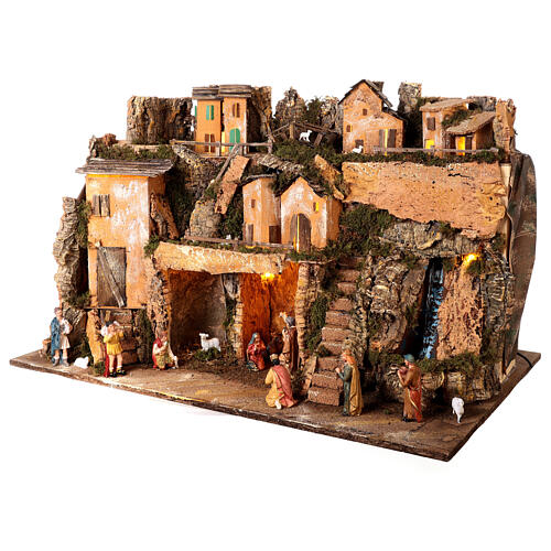 Nativity setting, village with waterfall, lights and Nativity Scene, characters of 10 cm, 50x80x50 cm 3