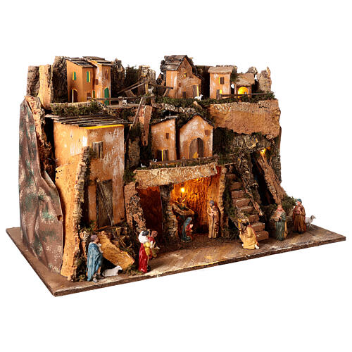 Nativity setting, village with waterfall, lights and Nativity Scene, characters of 10 cm, 50x80x50 cm 4