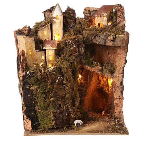 Cenário para presépio de Natal figuras altura média 6 cm, aldeia de montanha iluminada com gruta Natividade; 31x25x25 cm 4