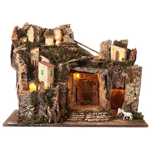 Nativity setting, mountain village with lights, for 10 cm characters, 45x60x35 cm 1