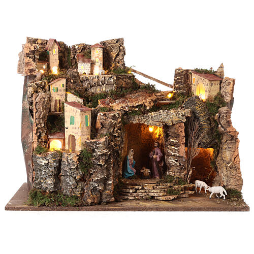 Nativity setting, mountain village with lights, for 10 cm characters, 45x60x35 cm 2