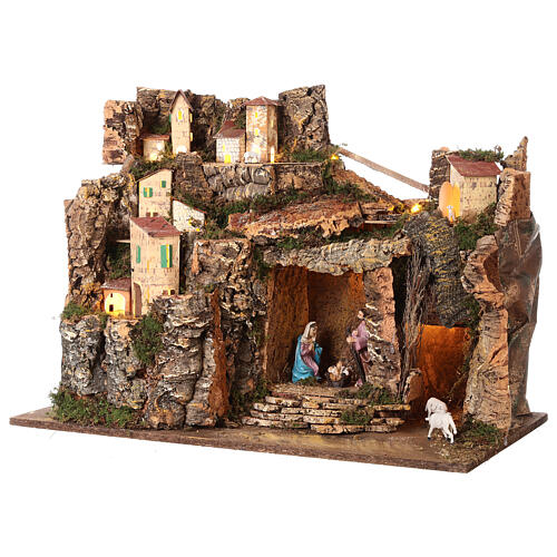 Nativity setting, mountain village with lights, for 10 cm characters, 45x60x35 cm 4