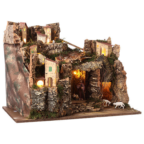 Nativity setting, mountain village with lights, for 10 cm characters, 45x60x35 cm 5