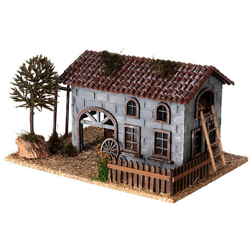 Barn with farmyard and tree for Nativity Scene of 6 cm 25x30x20 cm 2