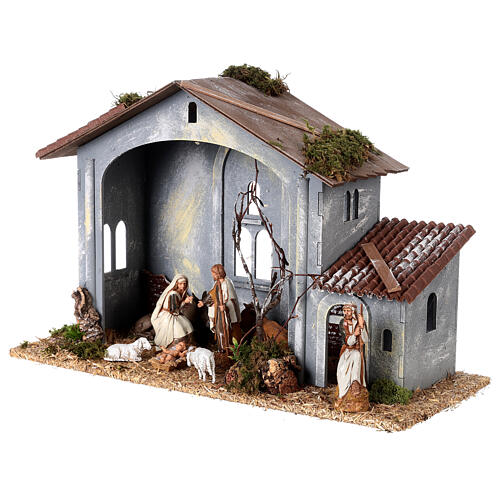 Stable in 800-year style 30x40x20 cm with Moranduzzo's figurines 10-12 cm 2