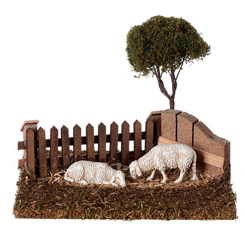 Ogrodzenie, owce i sosna nadmorska, szopka 10 cm, 15x15x15 cm 1