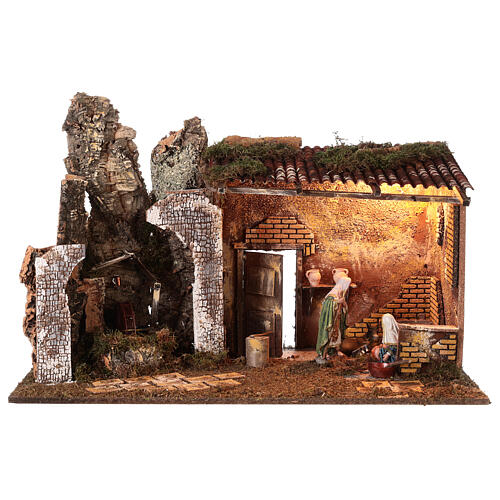 Cabaña con Natividad 16 cm bomba molino 55x40x75 cm 1