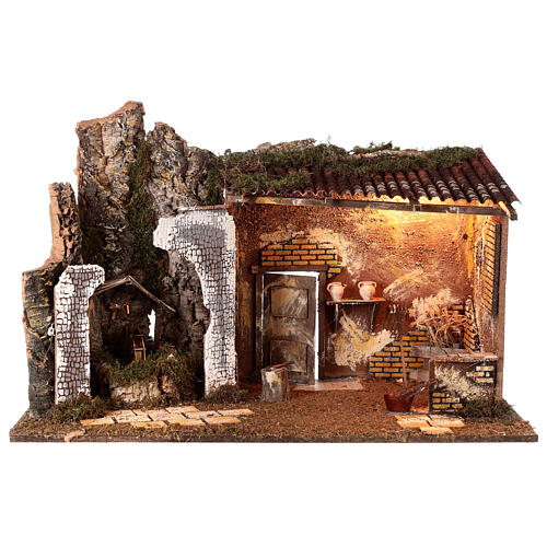 Cabana com Natividade e moinho para figuras de 16 cm de altura 55x40x75 cm 7