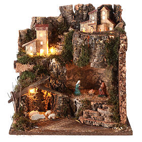 Décor crèche avec Nativité et éclairage 35x35x30 cm