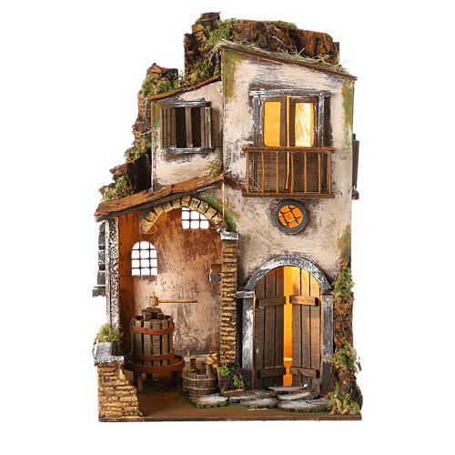 Casa rústica estilo '700 com lagar de vinho e luzes para presépio napolitano figuras altura média 8 cm; 40x25x25 cm 1