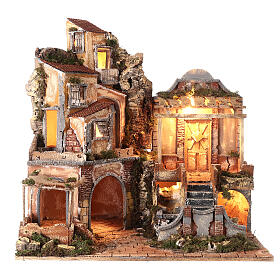 Village corner in 18th century style with double stairs and brook for Neapolitan Nativity Scene with 8 cm characters 60x60x45 cm