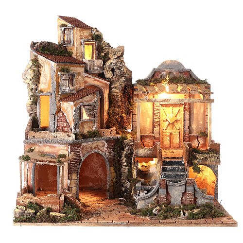 Village corner in 18th century style with double stairs and brook for Neapolitan Nativity Scene with 8 cm characters 60x60x45 cm 1