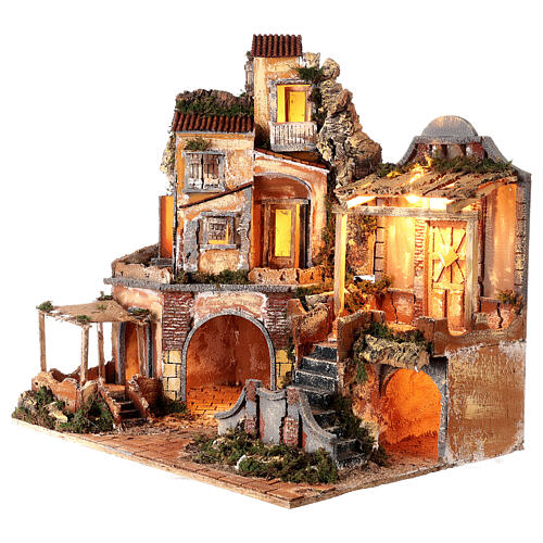 Village corner in 18th century style with double stairs and brook for Neapolitan Nativity Scene with 8 cm characters 60x60x45 cm 3