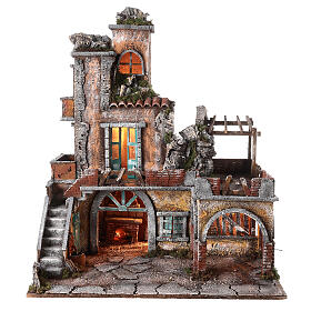 18th century style building with pergola on a terrace and fireplace for Neapolitan Nativity Scene with 10-12 cm characters 70x60x50 cm