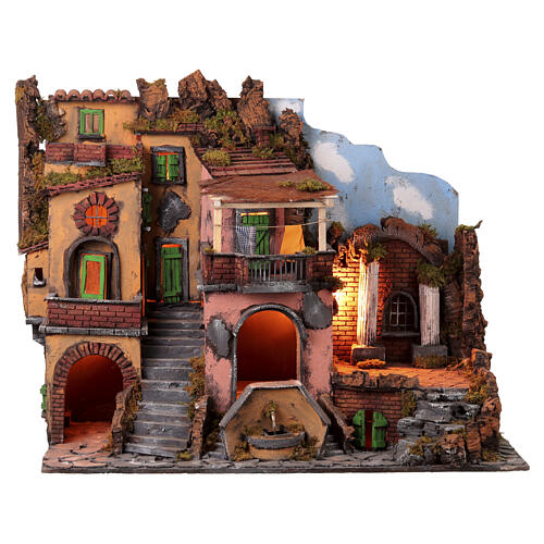 18th century style village with fountain, stairs and columns for Neapolitan Nativity Scene with 10-12 cm characters 65x85x45 cm 1