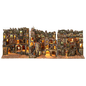 Complete Neapolitan Nativity village in 18th century style for 10-12 cm characters, 100x300x70 cm