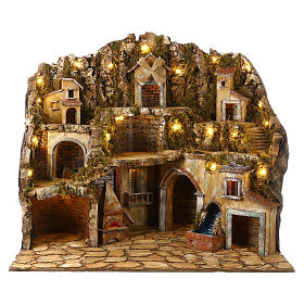 Belén clásico napolitano de 12-14 cm con molino, cascada y luces 75x80x60 cm