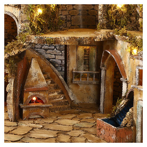Belén clásico napolitano de 12-14 cm con molino, cascada y luces 75x80x60 cm 2