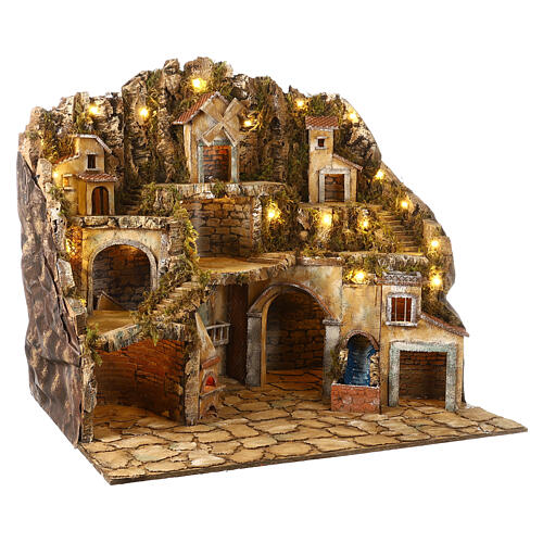 Nativity setting with mill, waterfall and lights for 12-14 cm figurines  75x80x60 cm