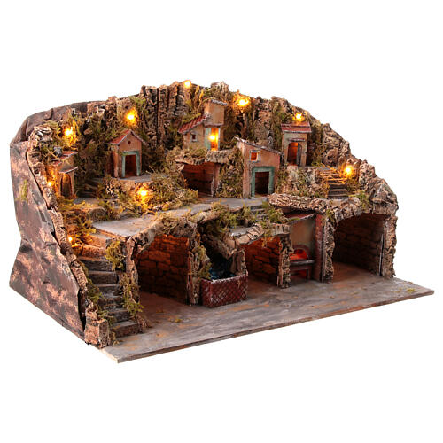 Classic Neapolitan nativity village lighted with waterfall for 10-12 cm statues 45x80x50 cm 10