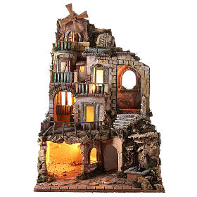Vertical setting in 18th century style with windmill, fountain and lights for Neapolitan Nativity Scene with 8-10 cm characters 70x45x60 cm
