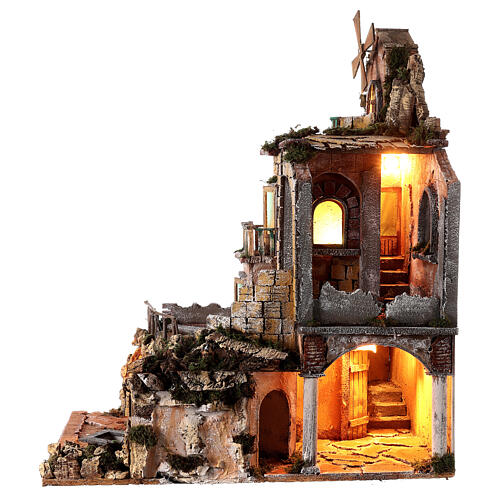 Vertical setting in 18th century style with windmill, fountain and lights for Neapolitan Nativity Scene with 8-10 cm characters 70x45x60 cm 5