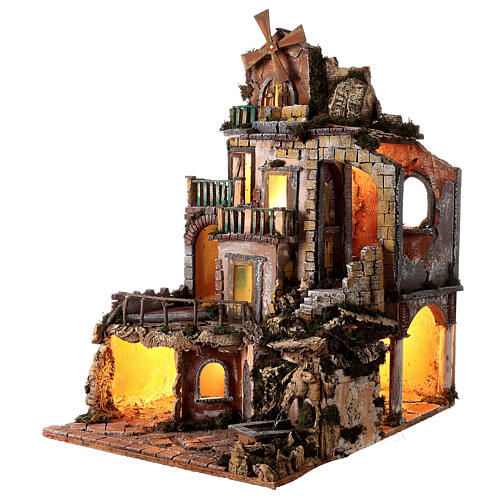 Szopka w stylu XVIII w. z młynem, fontanną i oświetleniem, szopka neapolitańska 8–10 cm, 70×45×60 cm 3