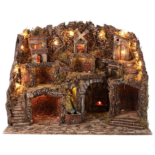 Classic Neapolitan Nativity Scene setting for 8-10 cm characters with windmill, fireplace, waterfall and lights 80x65x60 cm 1