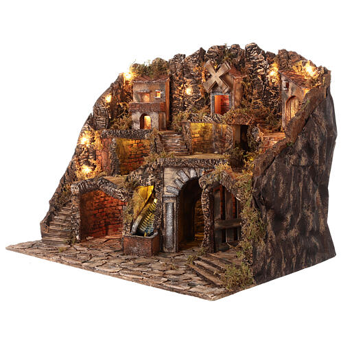 Classic Neapolitan Nativity Scene setting for 8-10 cm characters with windmill, fireplace, waterfall and lights 80x65x60 cm 3