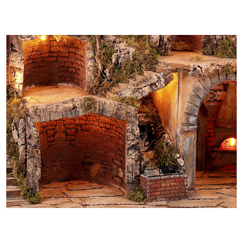 Classic Neapolitan Nativity Scene setting for 8-10 cm characters with windmill, fireplace, waterfall and lights 80x65x60 cm 4