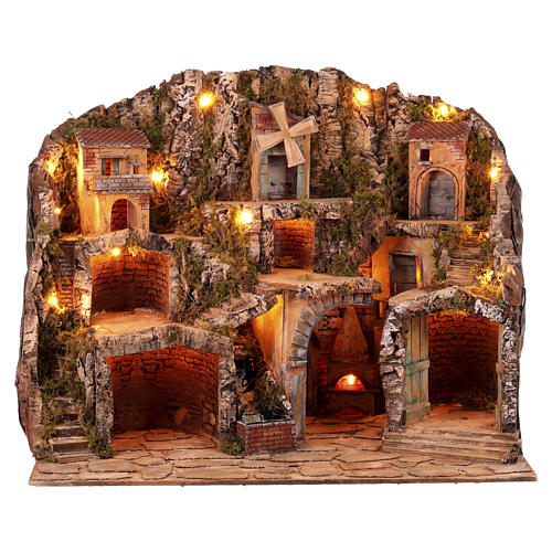 Presepe classico napoletano 8-10 cm mulino cascata luci 80x65x60 cm 1