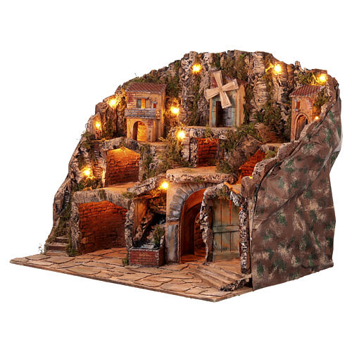 Presepe classico napoletano 8-10 cm mulino cascata luci 80x65x60 cm 3