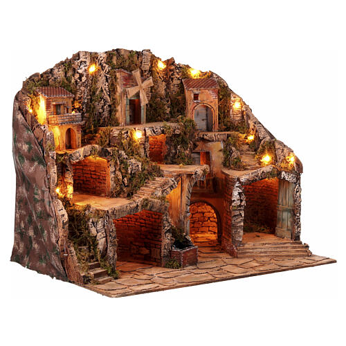 Presepe classico napoletano 8-10 cm mulino cascata luci 80x65x60 cm 6