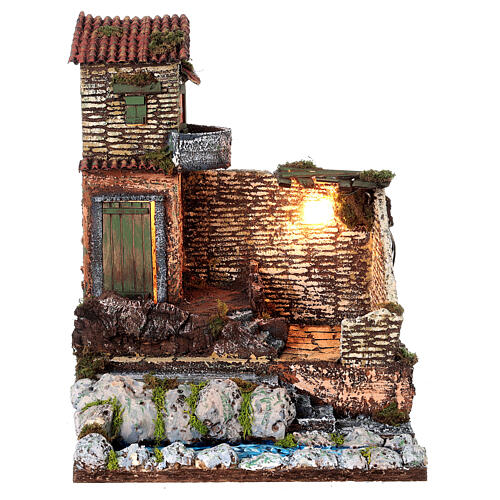 Casa rural com ribeira e luz para presépio napolitano com figuras de 8 cm 40x30x30 cm 1