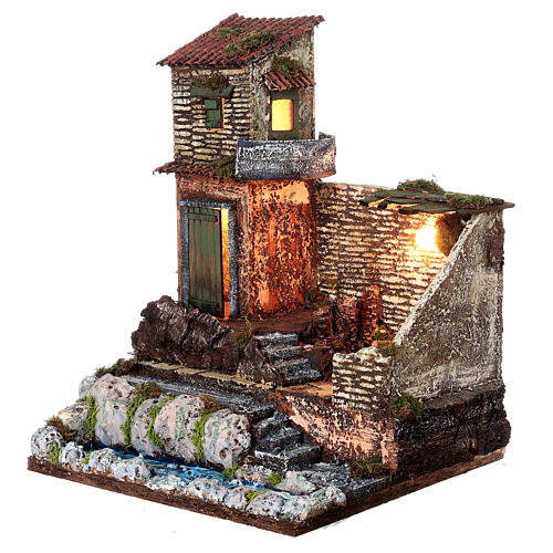 Casa rural com ribeira e luz para presépio napolitano com figuras de 8 cm 40x30x30 cm 2