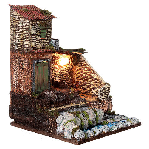 Casa rural com ribeira e luz para presépio napolitano com figuras de 8 cm 40x30x30 cm 3