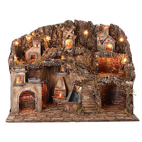 Classic setting for Neapolitan Nativity Scene with 10-12 cm characters with windmill, fireplace, waterfall and lights 60x75x50 cm