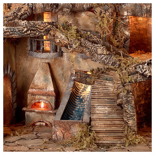 Classic setting for Neapolitan Nativity Scene with 10-12 cm characters with windmill, fireplace, waterfall and lights 60x75x50 cm 2