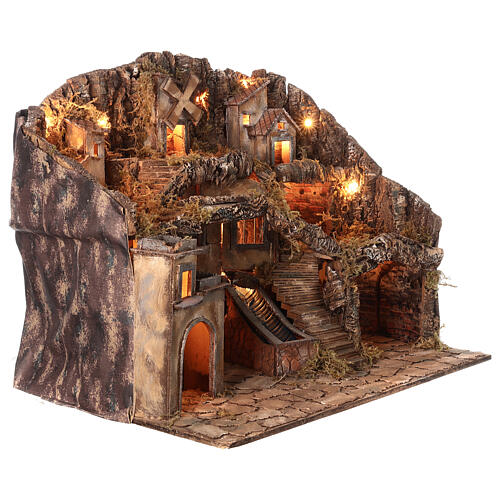 Presepe classico napoletano mulino luci cascata 10-12 cm 60x75x50 cm 4