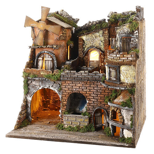 Belén estilo 700 con molino, cascada horno belén Nápoles 10-12 cm 50x50x40 cm 2