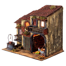 Bauernhaus und Hof mit Beleuchtung, Krippenszenererie, neapolitanischer Stil, für 8-10 cm Krippe, 30x35x25 cm