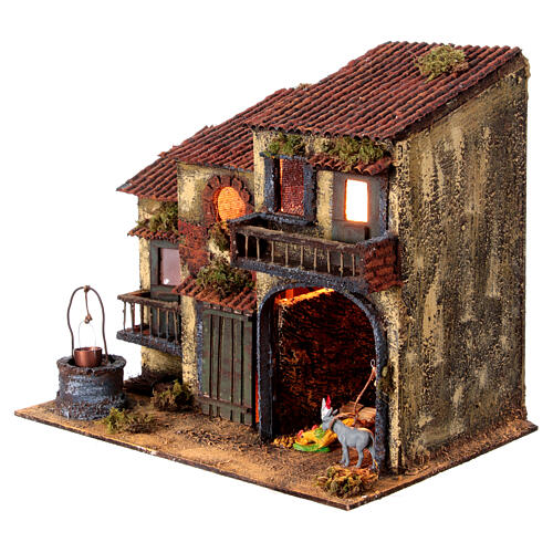 Bauernhaus und Hof mit Beleuchtung, Krippenszenererie, neapolitanischer Stil, für 8-10 cm Krippe, 30x35x25 cm 2