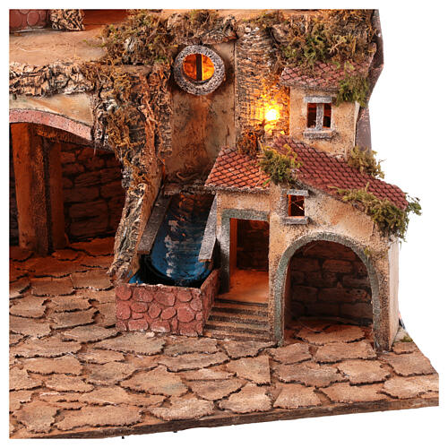 Village classique crèche napolitaine 12-14 cm avec moulin chute d'eau et lumières 70x100x60 cm 3