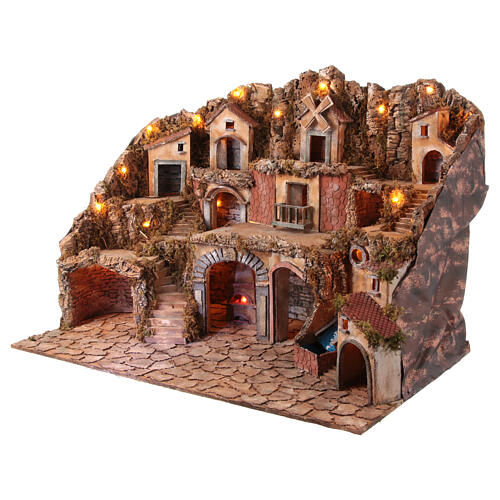 Village classique crèche napolitaine 12-14 cm avec moulin chute d'eau et lumières 70x100x60 cm 6