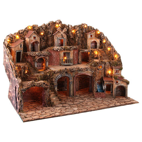 Village classique crèche napolitaine 12-14 cm avec moulin chute d'eau et lumières 70x100x60 cm 9