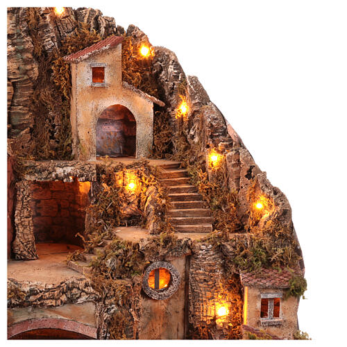 Presépio clássico napolitano com moinho de vento, cachoeira e luzes, para figuras de altura média 2-14 cm; 70x100x60 cm 14