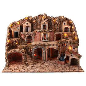 Classic Neapolitan nativity village for 12-14 cm statues with waterfall mill lights 70x100x60 cm