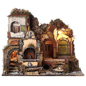 Szenerie, Dorf mit Brunnen und Beleuchtung, Krippenszenerie, neapolitanischer Stil, für 10-12 cm Figuren, 50x60x40 cm